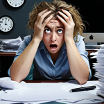 **

Stressed office worker overwhelmed by tasks, dark circles under eyes, surrounded by piles of paper and a looming computer screen. Emphasize the feeling of being suffocated by work pressure in a modern, fast-paced environment. Include visual cues like a messy desk and a deadline clock ticking in the background.

**