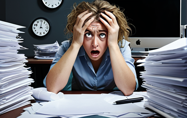 **

Stressed office worker overwhelmed by tasks, dark circles under eyes, surrounded by piles of paper and a looming computer screen. Emphasize the feeling of being suffocated by work pressure in a modern, fast-paced environment. Include visual cues like a messy desk and a deadline clock ticking in the background.

**