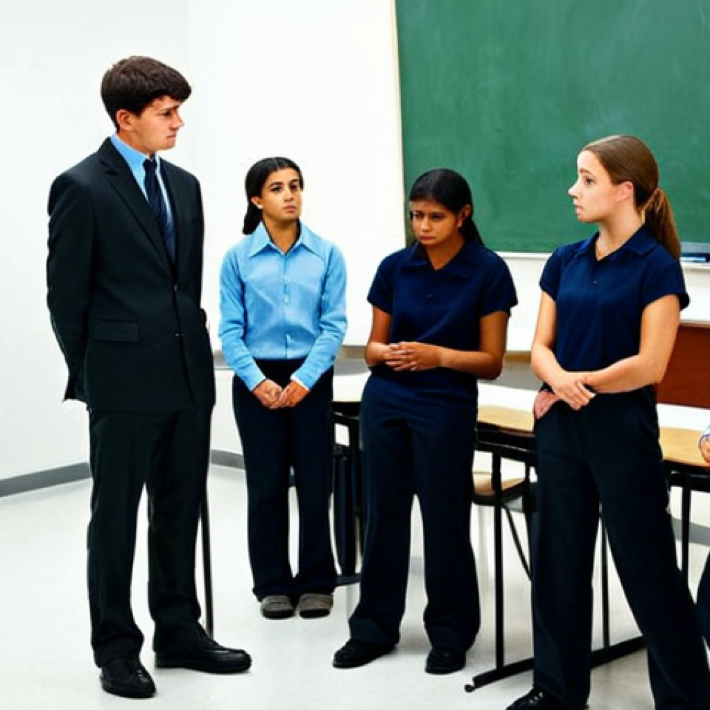 Psychology Experiment - Conformity**

A classroom setting. Students are viewing an ambiguous image. One student is hesitating, looking at the group instead of the image. Others confidently point to a different answer. The scene is lit naturally, creating a sense of tension. "safe for work", "appropriate content", "fully clothed", "professional". perfect anatomy, natural pose.

**