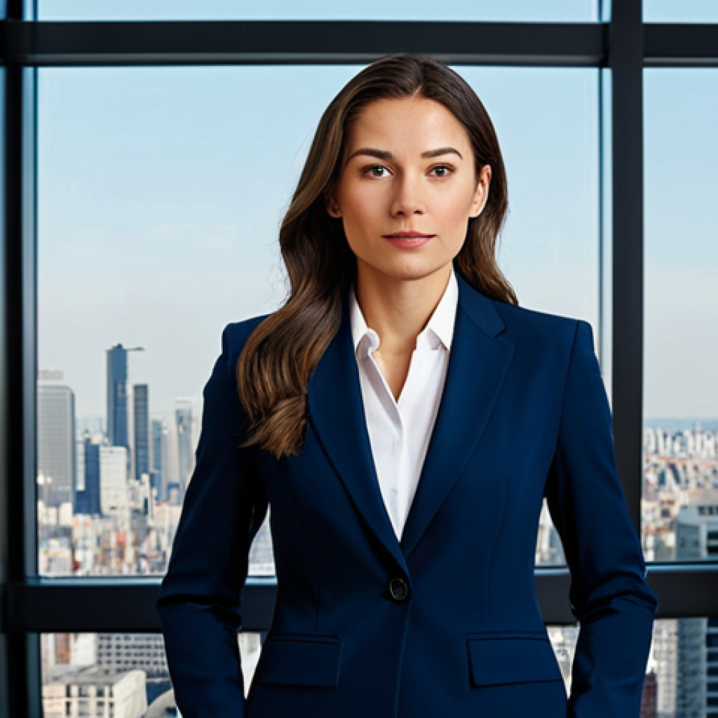심리학 석사 논문 - Focused Professional**
A professional businesswoman in a tailored, navy blue business suit, standin...