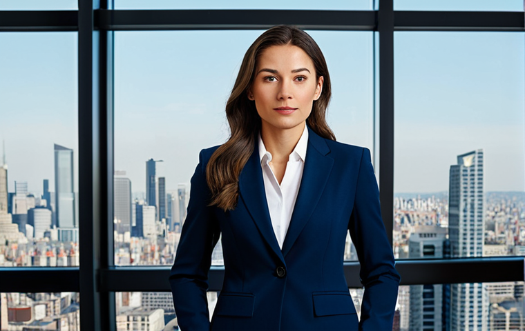 심리학 석사 논문 - Focused Professional**

A professional businesswoman in a tailored, navy blue business suit, standin...