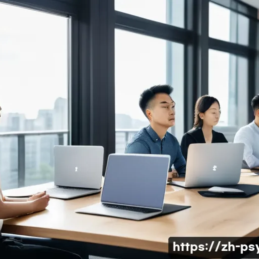 심리학 분야 - A modern office scene showing a diverse group of young Chinese professionals practicing mindfulness ...