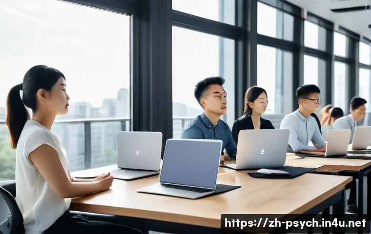 심리학 분야 - A modern office scene showing a diverse group of young Chinese professionals practicing mindfulness ...