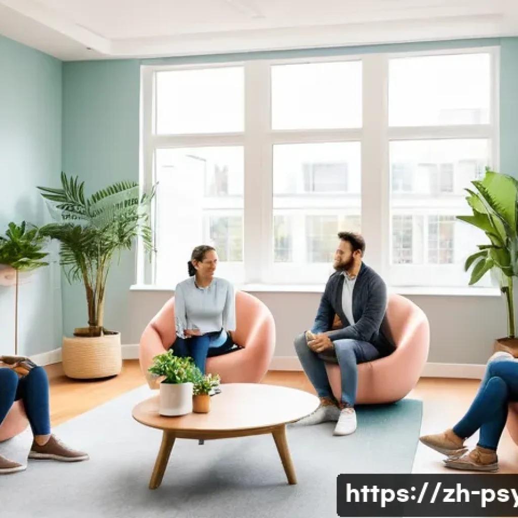 심리학 상담 관련 직업 - A modern professional therapy room setting showing a diverse group psychotherapy session in progress...