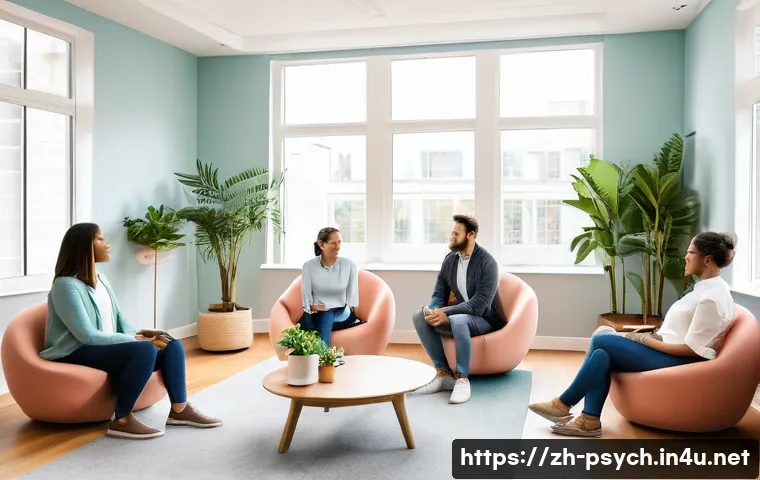 심리학 상담 관련 직업 - A modern professional therapy room setting showing a diverse group psychotherapy session in progress...