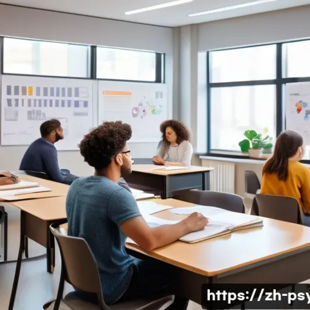 심리학 학위과정 - A modern university psychology classroom scene showing diverse students attentively learning about c...