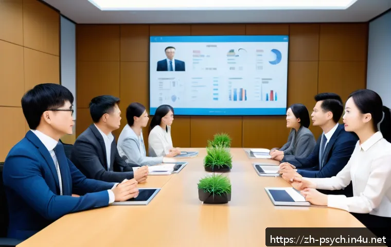 심리학 교과서 - A modern office meeting scene with diverse Chinese professionals attentively communicating, focusing...