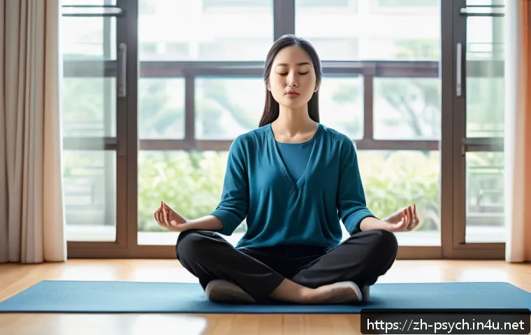 심리학 이론 연구 - A serene, modern study room with a young Asian adult woman sitting cross-legged on the floor in comf...