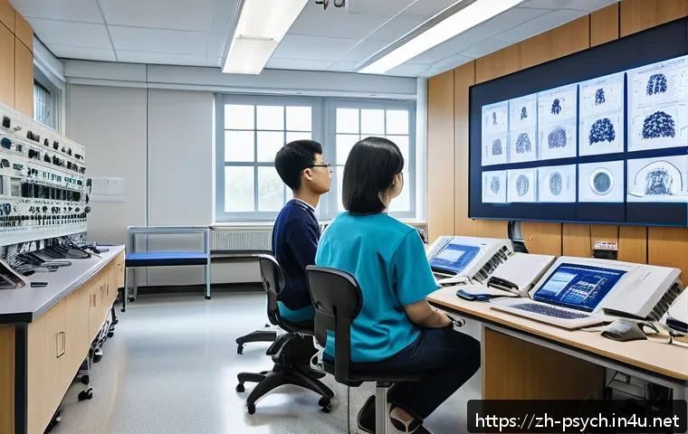 심리학 대학 선택 - A modern university psychology laboratory scene featuring advanced cognitive neuroscience equipment,...