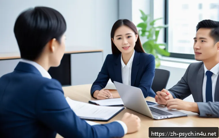 심리학의 응용 - A modern office scene depicting a diverse team engaged in sincere communication and collaboration. T...