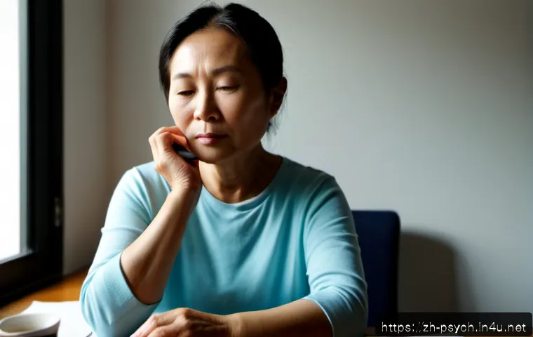 감정과 감정조절 - Photorealistic scene of a middle-aged Asian woman practicing emotional regulation at a tidy home des...